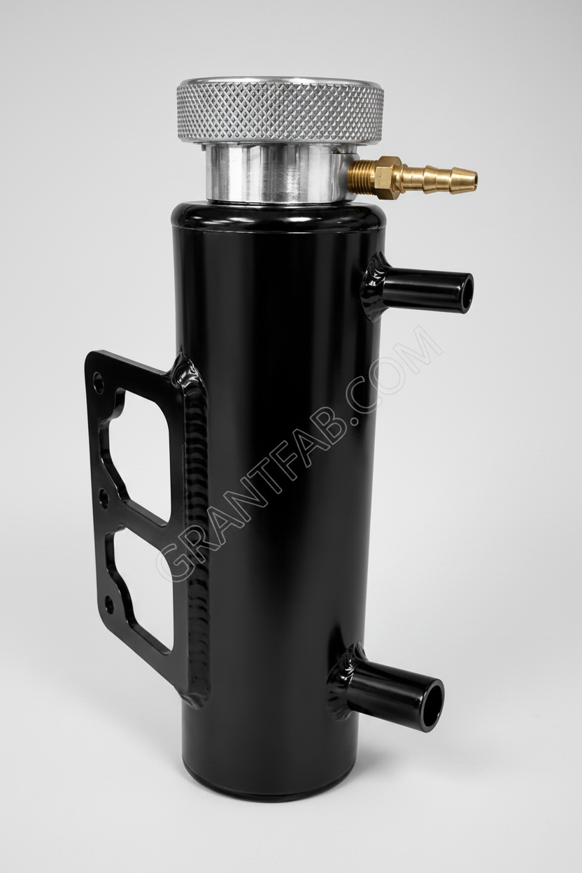 Black hydraulic jack with metal handle and brass nozzle on a white background