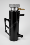 Black hydraulic jack with metal handle and brass nozzle on a white background