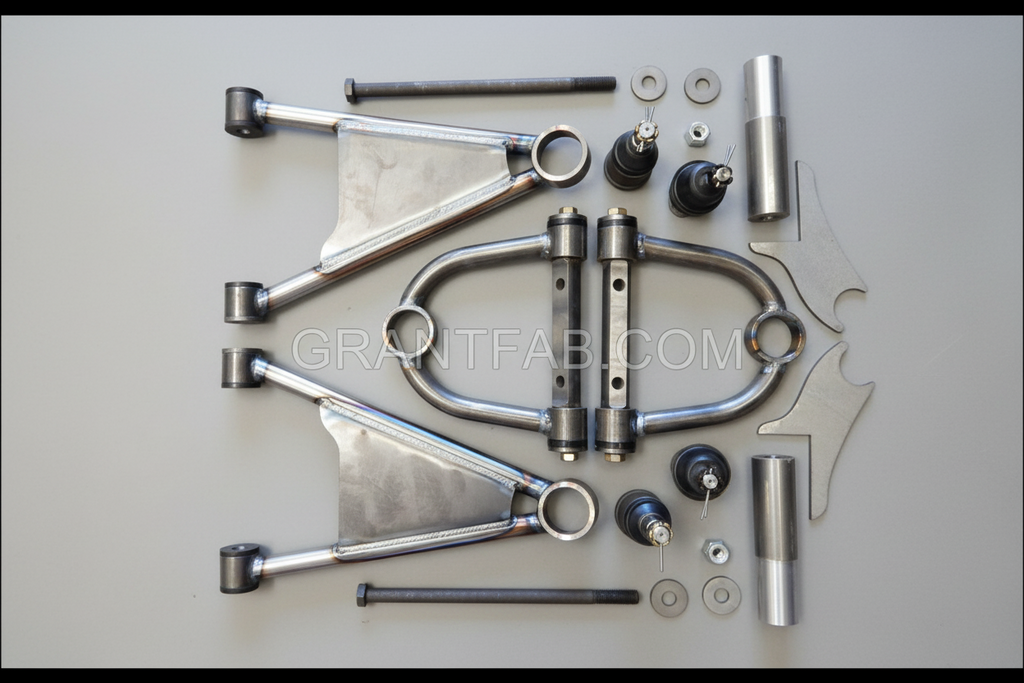 A collection of metal control arms and components for a vehicle suspension system, including upper and lower control arms, cross shaft, frame bracket, ball joints, and spindles, with the Cando logo visible.