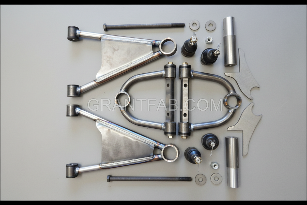 A collection of metal control arms and components for a vehicle suspension system, including upper and lower control arms, cross shaft, frame bracket, ball joints, and spindles, with the Cando logo visible.