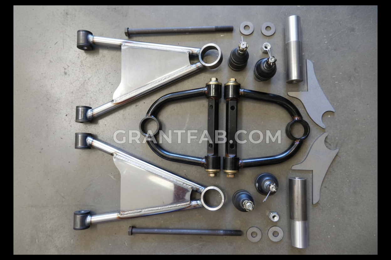 A collection of metal control arms and spindle parts for a vehicle suspension system, including upper and lower arms, cross shaft, frame bracket, ball joints, and spindle cup, with the brand 'CANDO' visible on the top left.