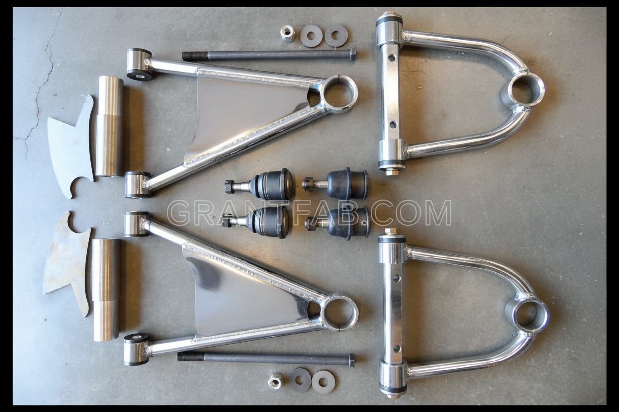 A set of metal control arms and components for a vehicle suspension system, including upper and lower arms, cross shaft, and frame bracket, with the brand 'CANDO' displayed.