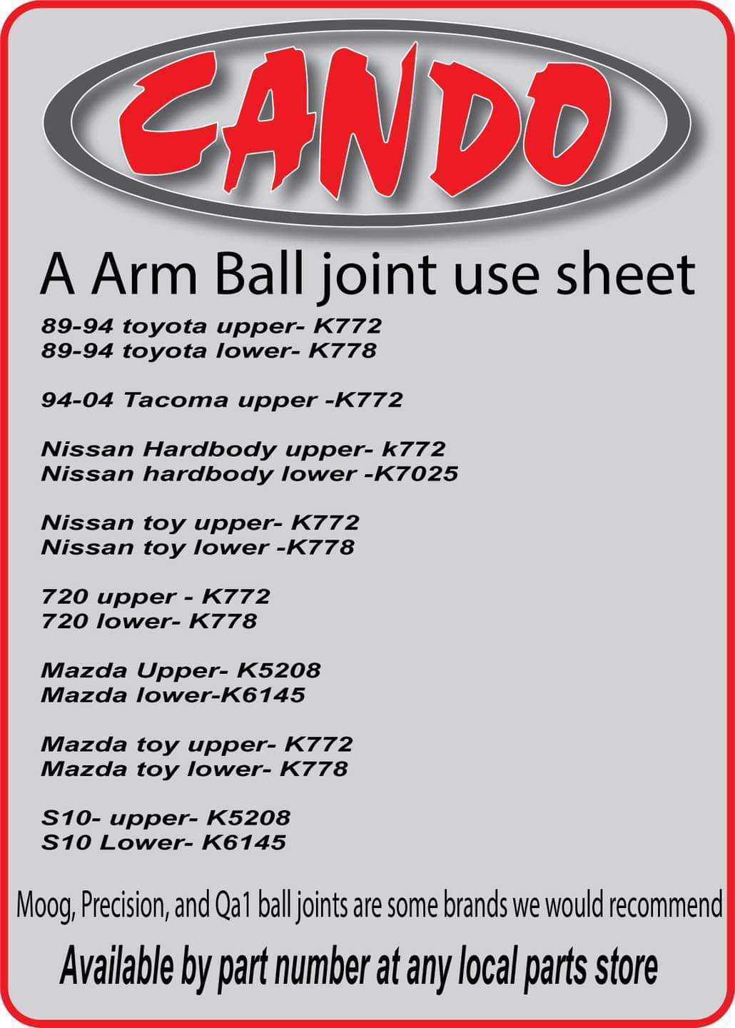 Cando 84-94 Toyota pickup control arms