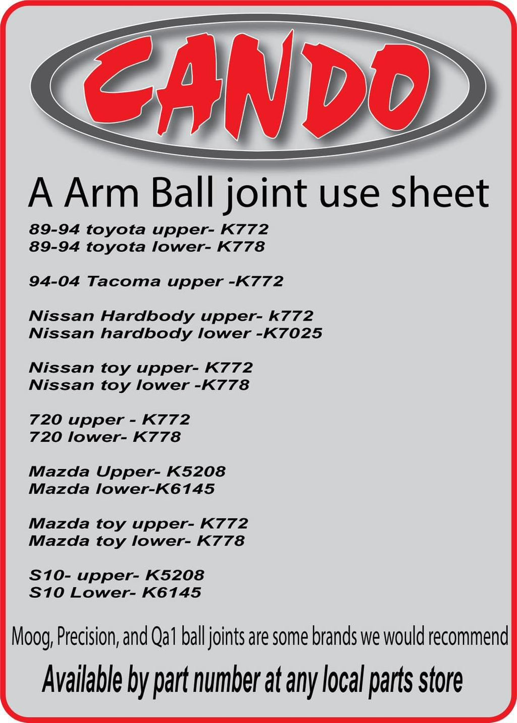 Cando 82-04 S-10 Chevy / GMC pickup control arms