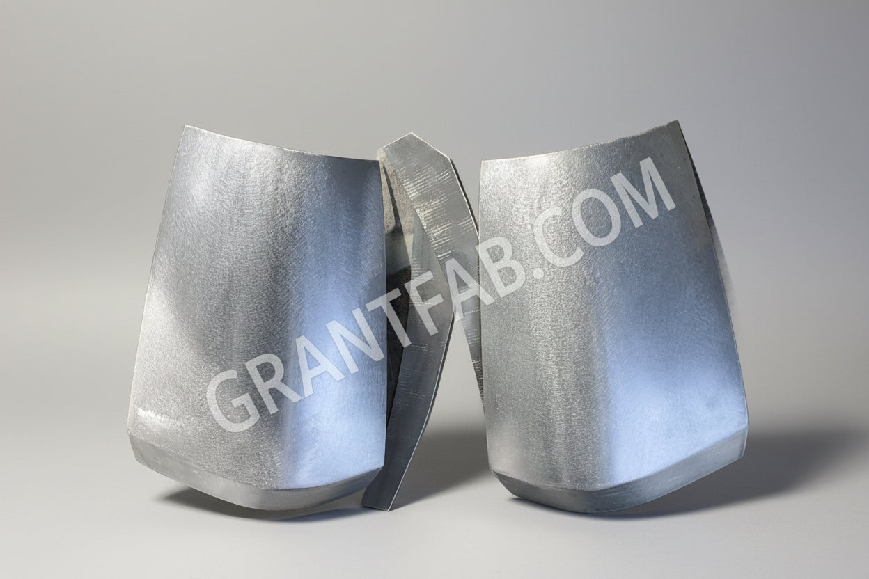 A pair of silver metal front corner fillers for a Mazda B-Series vehicle.