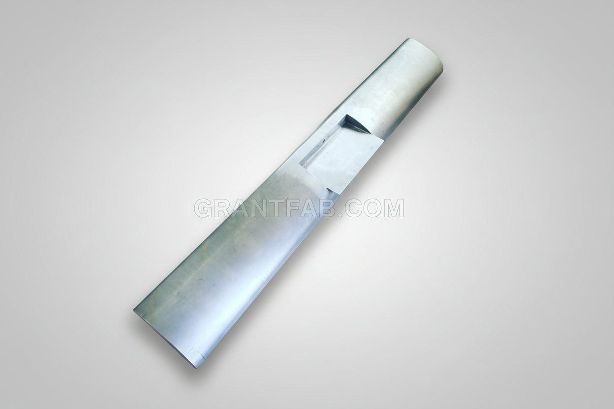 A silver-colored rollpan for a vehicle, with a hand-made appearance.