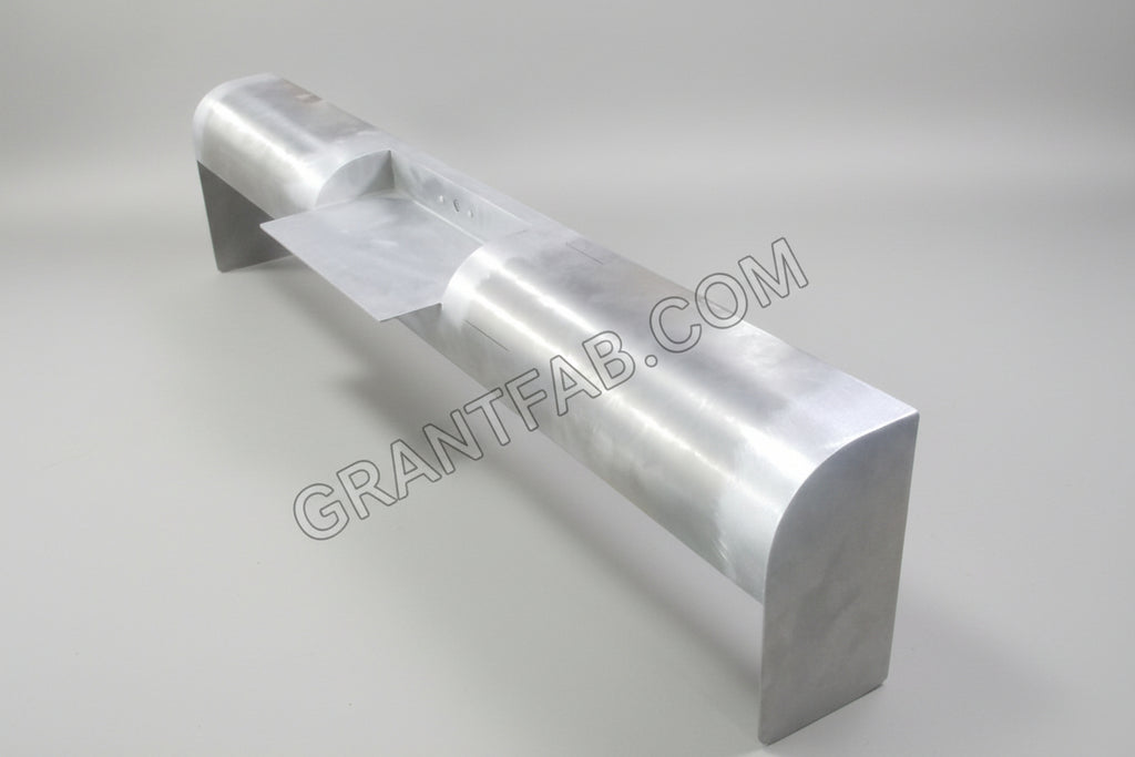 A silver-colored rollpan for a vehicle, made from metal, with a visible seam and weld.