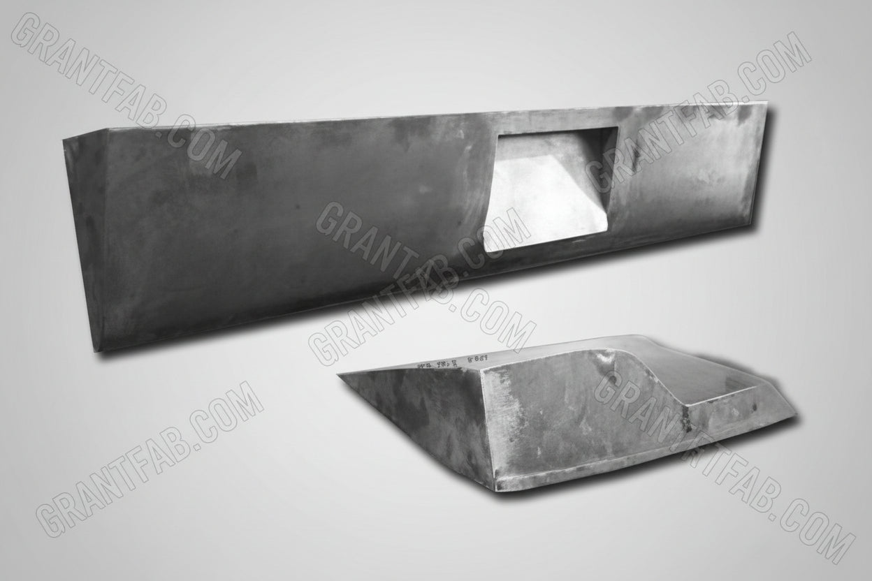 A black rollpan box for a vehicle, displayed from two different angles showing the front and side views.